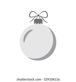 Christmas tree ball with bow. Gray bauble decoration, isolated on white background. Symbol of Happy New Year, Xmas holiday celebration, winter. Flat design for card. Vector illustration