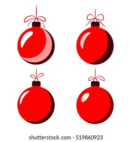 Christmas tree ball with bow icons set. Red baubles decoration, isolated on white background. Symbol of Happy New Year, Xmas holiday celebration, winter. Flat design for card. Vector illustration