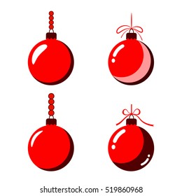 Christmas tree ball with bow icons set. Red baubles decoration, isolated on white background. Symbol of Happy New Year, Xmas holiday celebration, winter. Flat design for card. Vector illustration