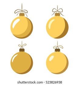 Christmas tree ball with bow icons set. Gold baubles decoration, isolated on white background. Symbol of Happy New Year, Xmas holiday celebration, winter. Flat design for card. Vector illustration