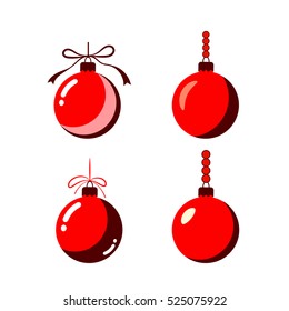 Christmas tree ball with bow icons set. Red baubles decoration, isolated on white background. Symbol of Happy New Year, Xmas holiday celebration, winter. Flat design for card. Vector illustration