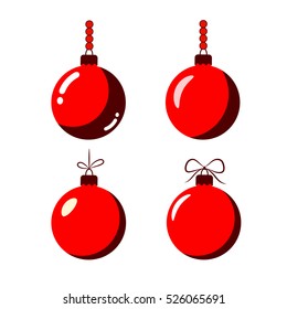 Christmas tree ball with bow icons set. Red baubles decoration, isolated on white background. Symbol of Happy New Year, Xmas holiday celebration, winter. Flat design for card. Vector illustration