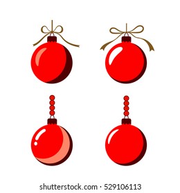 Christmas tree ball with bow icons set. Red baubles decoration, isolated on white background. Symbol of Happy New Year, Xmas holiday celebration, winter. Flat design for card. Vector illustration