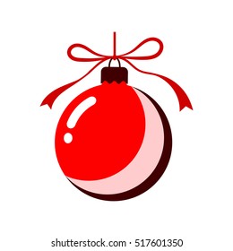 Christmas tree ball with bow. Red bauble decoration, isolated on white background. Symbol of Happy New Year, Xmas holiday celebration, winter. Flat design for card. Vector illustration