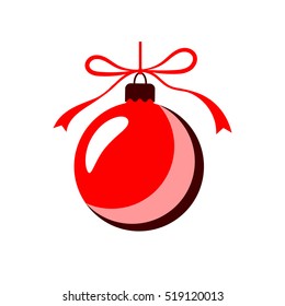 Christmas tree ball with bow. Red bauble decoration, isolated on white background. Symbol of Happy New Year, Xmas holiday celebration, winter. Flat design for card. Vector illustration
