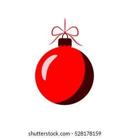 Christmas tree ball with bow. Red bauble decoration, isolated on white background. Symbol of Happy New Year, Xmas holiday celebration, winter. Flat design for card. Vector illustration