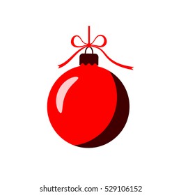 Christmas tree ball with bow. Red bauble decoration, isolated on white background. Symbol of Happy New Year, Xmas holiday celebration, winter. Flat design for card. Vector illustration