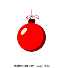 Christmas tree ball with bow. Red bauble decoration, isolated on white background. Symbol of Happy New Year, Xmas holiday celebration, winter. Flat design for card. Vector illustration