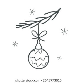 Christmas tree, ball card. Outline black marker ink contour, doodle sketch hand drawn blob stroke line. Hanging cute toy holiday composition. New year party graphic web design. Vector illustration