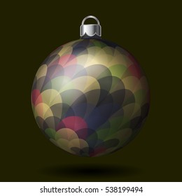 Christmas tree ball with colorful pattern, isolated on dark background. Vector illustration. Part of xmas balls set.