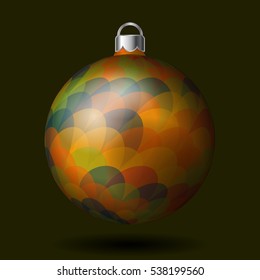 Christmas tree ball with colorful pattern, isolated on dark background. Vector illustration. Part of xmas balls set.