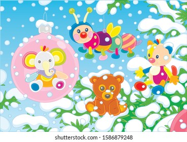 Christmas tree ball with a cute baby elephant and colorful and other bright holiday toys hanging on snow-covered branches of a beautiful green fir on a snowy winter day, vector cartoon