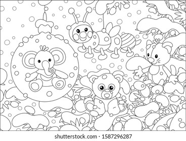 Christmas tree ball with a cute baby elephant and other holiday toys hanging on snow-covered branches of a beautiful fir on a snowy winter day, black and white vector cartoon illustration