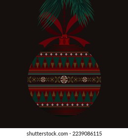 A Christmas tree ball decorated with floral and geometric designs and a bow on a pine tree branch. 