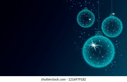 Christmas tree ball decoration low poly. Modern futuristic technology art template greeting card. Dark blue background. Glowing sparkling 3D render sphere Happy New Year banner vector illustration