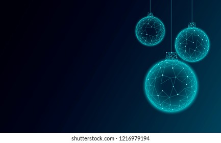 Christmas tree ball decoration low poly. Modern futuristic technology art template greeting card. Dark blue background. Glowing sparkling 3D render sphere Happy New Year banner vector illustration