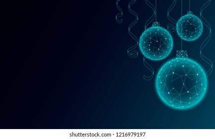 Christmas tree ball decoration low poly. Modern futuristic technology art template greeting card. Dark blue background. Glowing sparkling 3D render sphere Happy New Year banner vector illustration