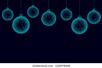 Christmas tree ball decoration low poly. Modern futuristic technology border greeting card. Dark blue background. Glowing sparkling 3D render sphere Happy New Year banner vector illustration