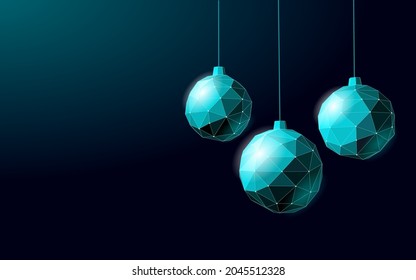 Christmas tree ball decoration low poly. Modern futuristic technology art template greeting card. Dark blue background. Glowing sparkling 3D render sphere Happy New Year banner vector illustration