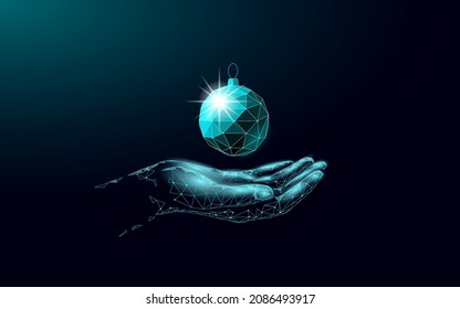 Christmas tree ball decoration low poly. Modern futuristic technology art template greeting card. Dark blue background. Glowing sparkling 3D render sphere Happy New Year banner vector illustration