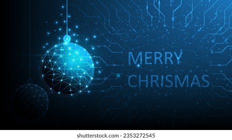 Christmas tree ball decoration low poly. Modern futuristic technology art template greeting card. Dark blue background. Tech digital template of greeting card happy new year, merry christmas.
