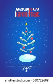 Christmas tree with ball decorations and Merry Chistmas lettering, hand drawn vector sketchy design element. Doodle illustration for greeting card or poster and border with snowflake