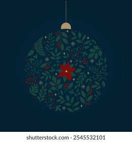 Christmas tree ball filled with floral ornament isolated on dark background