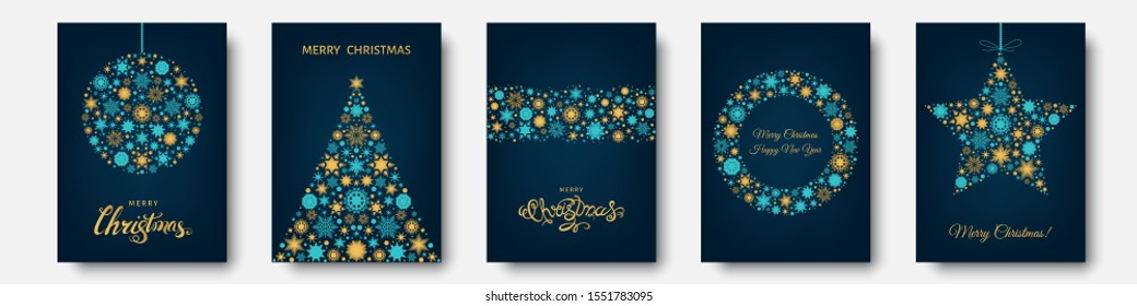 Christmas tree, ball with  gold, blue  holiday pattern from snowflakes, xmas elements and decorations. Vector flat illustration for greeting card, poster or invitation.