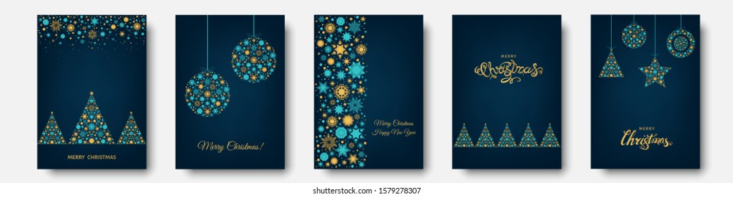 Christmas tree, ball with  gold, blue  holiday pattern from snowflakes, xmas elements and decorations. Vector flat illustration for greeting card, poster or invitation.