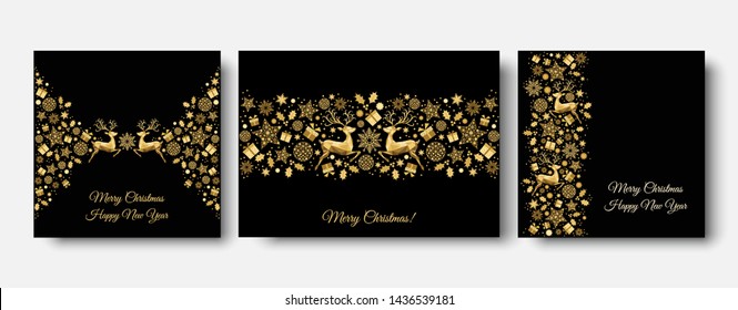 Christmas tree,  ball. Gold pattern. Golden, white  decoration. Happy New Year black background. Xmas  reindeer, gifts,  snowflakes. Vector template  for greeting  card.