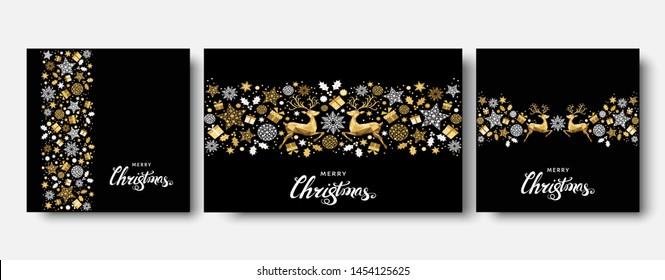 Christmas tree,  ball. Gold pattern. Golden, white  decoration. Happy New Year black background. Xmas  reindeer, gifts,  snowflakes. Vector template  for greeting  card.