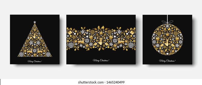 Christmas tree,  ball. Gold pattern. Golden, white  decoration. Happy New Year black background. Xmas  reindeer, gifts,  snowflakes. Vector template  for greeting  card.