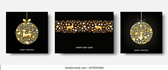 Christmas tree,  ball. Gold pattern. Golden, white  decoration. Happy New Year black background. Xmas  reindeer, gifts,  snowflakes. Vector template  for greeting  card.