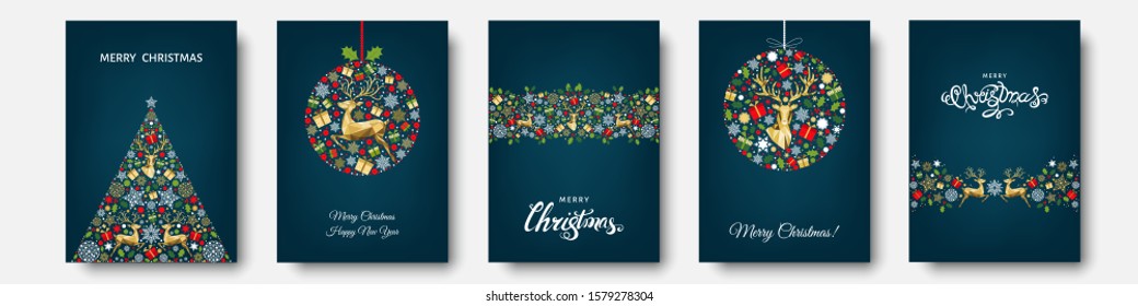 Christmas tree, ball with  gold, red, blue  holiday pattern from snowflakes, reindeer, xmas elements and decorations. Vector flat illustration for greeting card, poster or invitation.