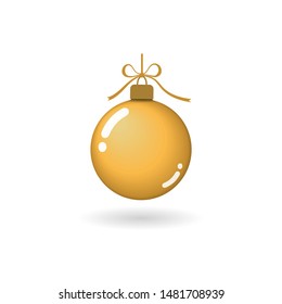 Christmas tree ball with gold ribbon bow. Golden bauble decoration, isolated on white background. Symbol of Happy New Year, Xmas holiday celebration, winter. Flat design for card Vector illustration