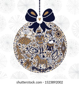 Christmas tree ball. Gold Christmas vector card. Around motif. Ballet the Nutcracker.