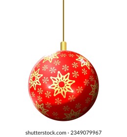 Christmas tree ball with golden snowflake ornament. Red jewelery decoration, isolated on white background. Symbol of Happy New Year, Christmas holiday celebration, winter. vector illustration