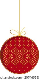 Christmas tree ball. Handmade embroidered or knitted ornament. Christmas pattern on clothes, Scandinavian style. Old fashioned home decorations. Hyugge style.