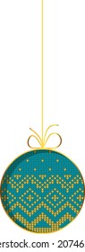 Christmas tree ball. Handmade embroidered or knitted ornament. Christmas pattern on clothes, Scandinavian style. Old fashioned home decorations. Hyugge style.