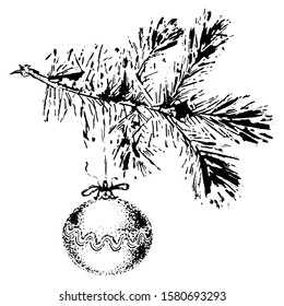 Christmas tree ball hanging on Christmas tree. Christmas tree branches with toy. Fir branches. Christmas fir twig. Ink images. 
