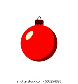 Christmas tree ball icon. Red bauble decoration, isolated on white background. Symbol of Happy New Year, Xmas holiday celebration, winter. Flat design for card. Vector illustration