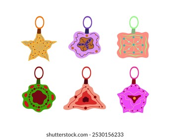 Christmas tree ball icons set. Colorful baubles decoration, isolated on white background. Symbol of Happy New Year, Xmas holiday celebration, winter. Flat design for card. Vector illustration
