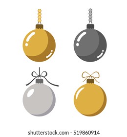 Christmas tree ball icons set. Gray and gold baubles decoration, isolated on white background. Symbol of Happy New Year, Xmas holiday celebration, winter. Flat design for card. Vector illustration