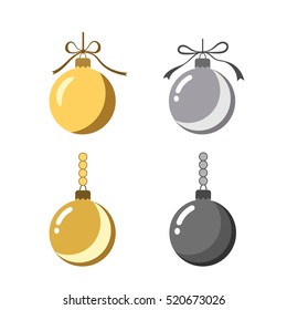 Christmas tree ball icons set. Gray and gold baubles decoration, isolated on white background. Symbol of Happy New Year, Xmas holiday celebration, winter. Flat design for card. Vector illustration