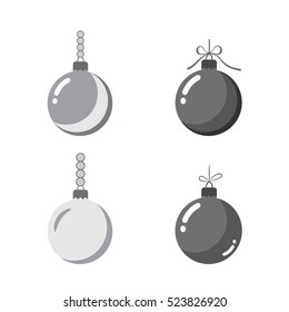 Christmas tree ball icons set. Gray baubles decoration, isolated on white background. Symbol of Happy New Year, Xmas holiday celebration, winter. Flat design for card. Vector illustration