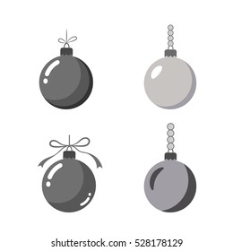 Christmas tree ball icons set. Gray baubles decoration, isolated on white background. Symbol of Happy New Year, Xmas holiday celebration, winter. Flat design for card. Vector illustration