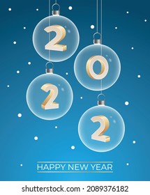 Christmas tree ball isolated on blue. Golden 3D numbers 2022 in Christmas toy. Holiday greeting card design.