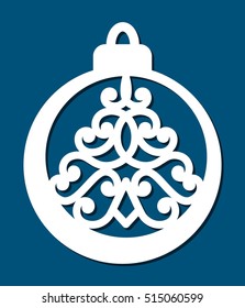 Christmas tree in the ball with lace pattern. Laser cutting template for greeting cards, interior elements.  Xmas paper or wood cutting ornamental panel. Die cut vector.