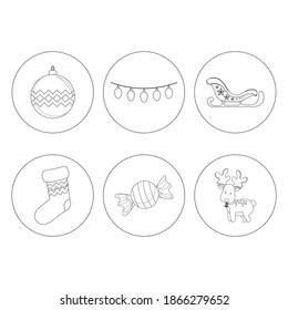 Christmas Tree Ball, Light, Santa Sleigh, Sock, Candy, Deer Outline Icon Bundle