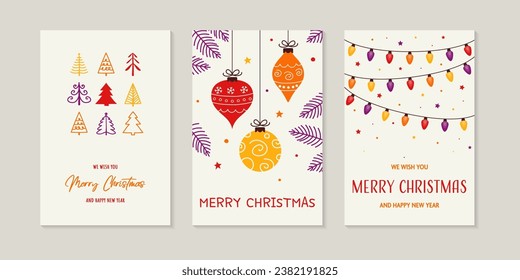 Christmas tree, ball and lights. Greeting cards concept. Vector illustration